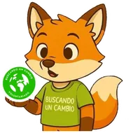 Buki, el zorro mascota de BUC, sostiene el sello de Buscando un Cambio